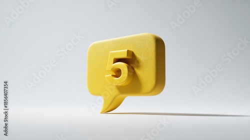 Three-dimensional, yellow chat bubble with number 5 floating above a white surface