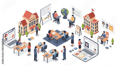 Isometric Illustration of Online Education and Traditional Schooling.