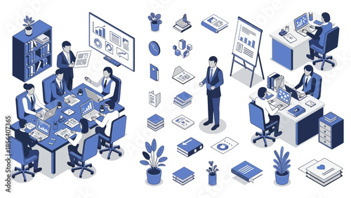 Isometric Office Scene with Business Meeting and Workstations.