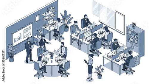 Isometric Office Space with Employees and Meeting Areas.