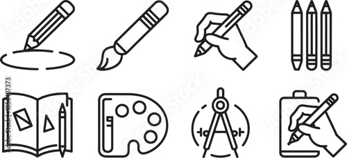 Collection of eight minimalist outline art and design tools and actions drawing painting