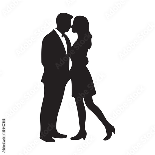 Full body silhouette of a wedding couple in formal wear, Romantic bride and groom standing together, Man in tuxedo and woman in dress silhouette illustratio