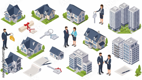 Isometric Real Estate Elements - Houses, Apartments, and Transactions.