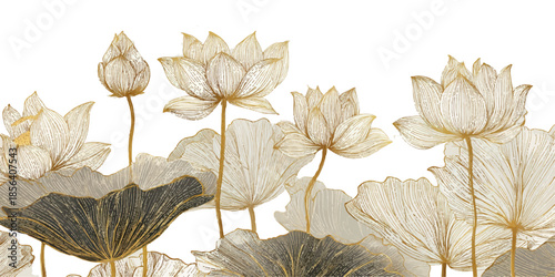 Golden lotus flowers and leaves