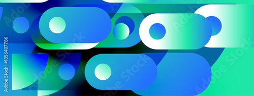 Abstract composition featuring overlapping blue, turquoise shapes. Circles, rectangles create dynamic visual flow. Modern design elements present.