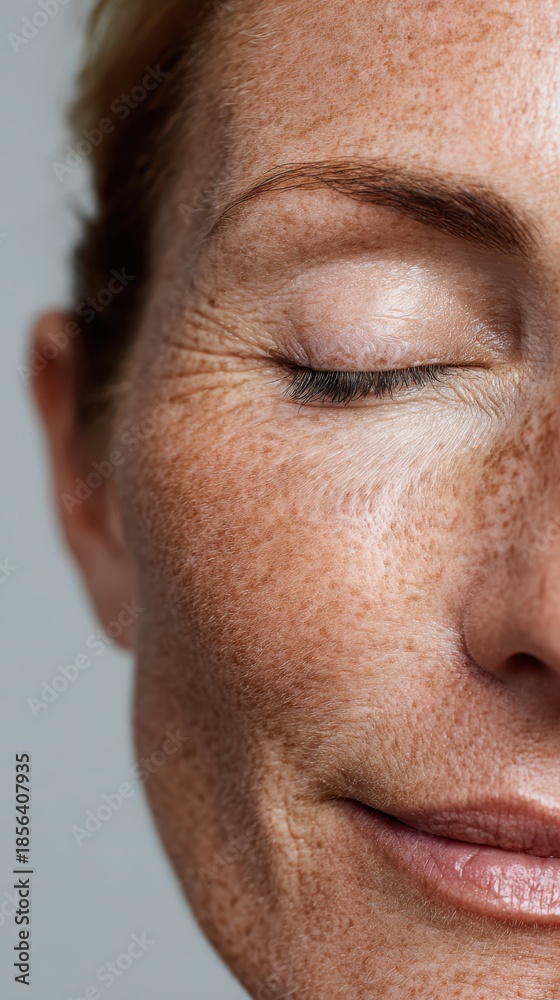 Fototapeta premium Close up on a woman's face, her eyes closed, showing natural skin texture, freckles, and aging wrinkles around the eye, embracing the beauty of time on her complexion