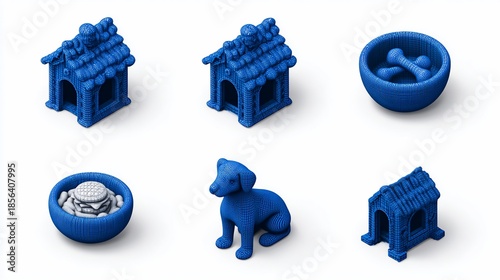 Isometric illustrations of blue dog houses, a dog, and bowls with food and bones on white