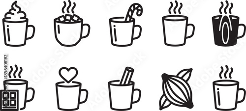 Collection of nine black and white hot chocolate mug icons with various toppings and garnishes drink