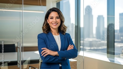 Confident Smiling Female CEO Standing with Arms Crossed in Modern Glass Walled Office Looking at Camera.