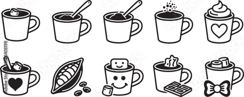 Collection of nine black and white hot chocolate mugs and cocoa beans vector