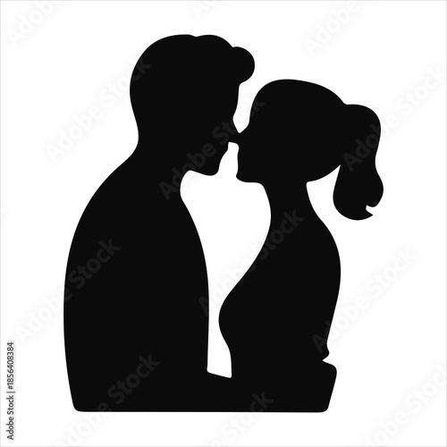 Silhouette of a romantic couple leaning in for a kiss, Man and woman in an intimate moment profile, Valentine's day couple silhouette illustration