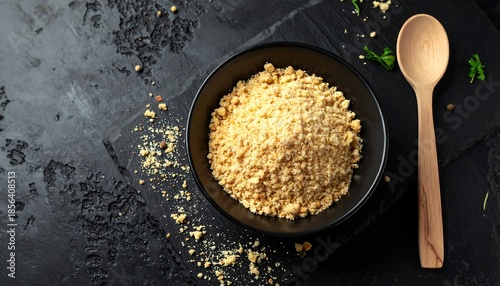 Delicious farofa in a black bowl with wooden spoon on textured dark background