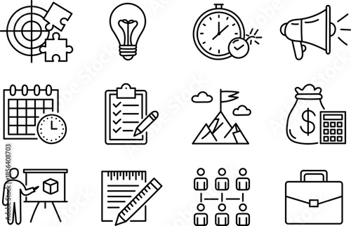 Hand Drawn Business Planning and Management Icons Set with Strategy Marketing and Finance Symbols