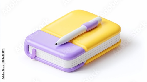 3D rendered illustration of a yellow notebook with a purple spine and a pen on top