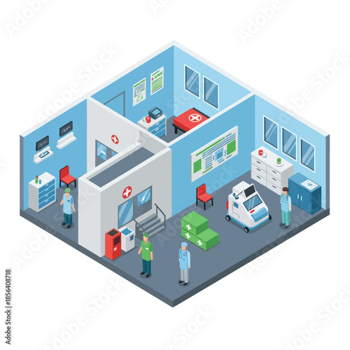 Isometric view of a modern hospital interior with various medical staff, patients, equipment, and an ambulance in different rooms.