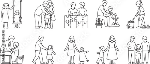 Collection of nine minimalist outline family and activity icons child parent