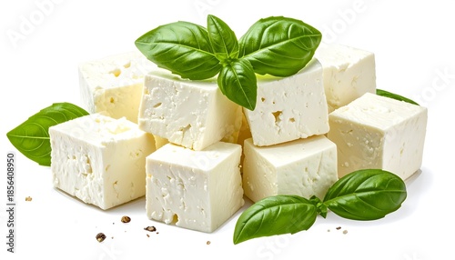 Delicious feta cheese cubes adorned with fresh basil leaves on white backdrop