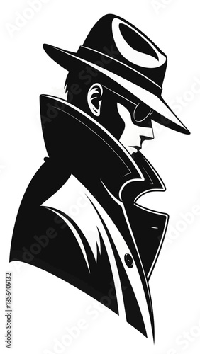 detective in trench coat  and glasses black and white vector illustration