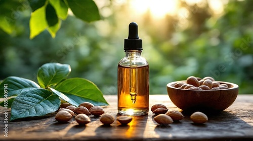Glass dropper bottle with natural extract or essence like nut oil 