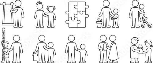 Collection of nine outline style vector icons depicting people and objects family