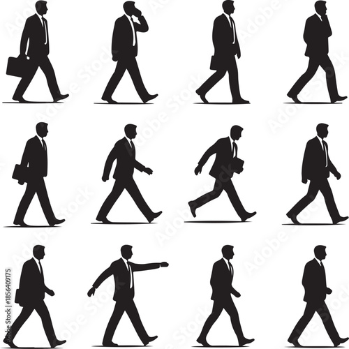 Silhouettes of businessmen walking in different poses and gestures