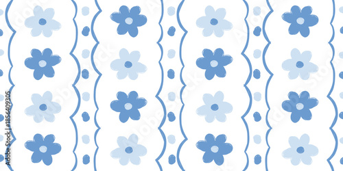 Vertical blue daisy floral stripes with wavy scallop lines