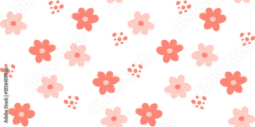 Pink daisy flower seamless pattern with coral dots on white
