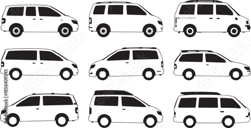 Nine minimalist black and white minivan outlines in various side profiles vehicle transport