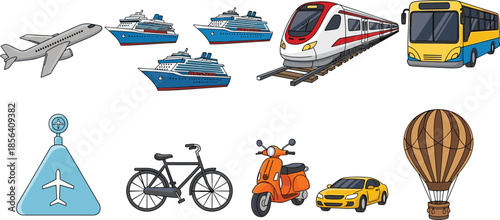 Transportation icons collection, airplane train bus ship bicycle car scooter balloon, travel vehicles set, modern transport illustration