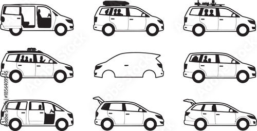Nine minimalist vector illustrations of cars with open doors and roof racks vehicle transportation