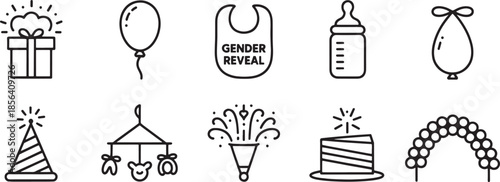 Baby shower icons gift balloon bib bottle party hat cake confetti arch present