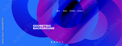 Abstract geometric background. Blue, purple hues dominate design. Navigation includes work, about, portfolio, contact options. Minimalist aesthetic.