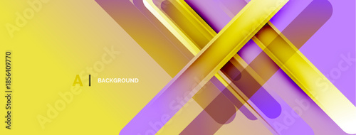 Abstract geometric design. Yellow, purple gradients create dynamic layers. Modern aesthetic suitable for digital backgrounds, presentations.