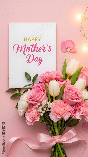 Pink Roses Tulips Carnations Bouquet With Happy Mother's Day Card mothers day greeting card