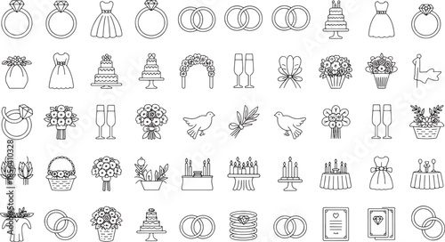 Collection of black and white wedding icons including rings dresses cakes and flowers diamond ring