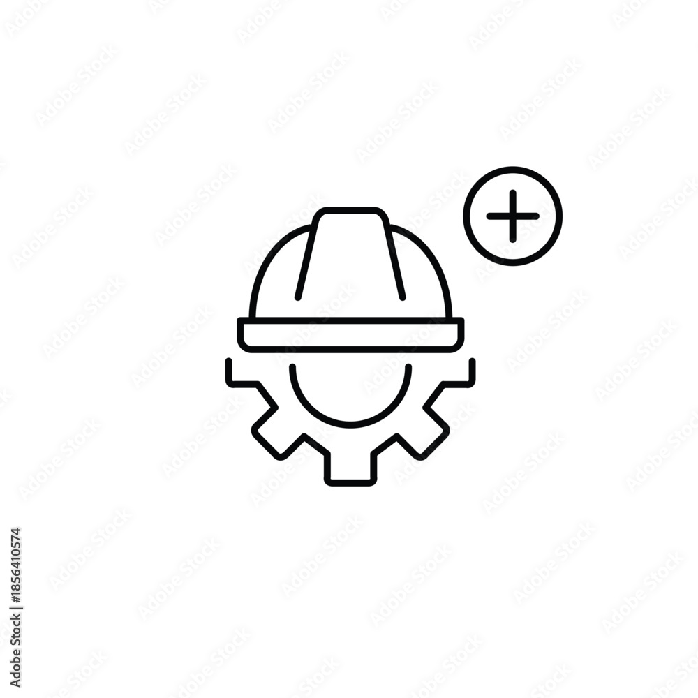 Fototapeta premium Cogwheel, hard hat and plus. Setting add, feature enable, system update. Pixel perfect, editable stroke vector icon