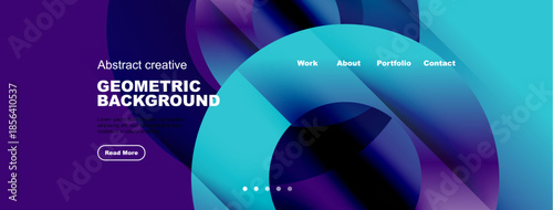 Abstract website mockup. Vibrant geometric shapes, purple hues dominate design. Navigation includes work, about, portfolio, contact.