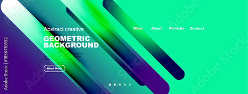 Vibrant geometric background design. Features overlapping shapes, text elements, navigation menu, plus dots indicating sections. Modern aesthetic.