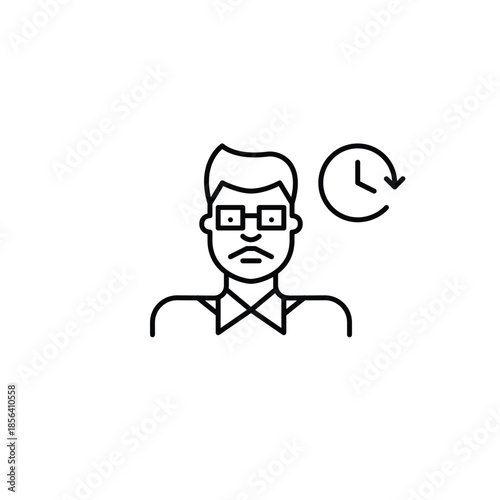 Indian man wearing glasses and clock. Daily routine, time tracking and work schedules. Pixel perfect, editable stroke vector icon