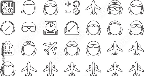 Collection of Pilot Helmets Airplanes and Aviation Instruments Icons aircraft