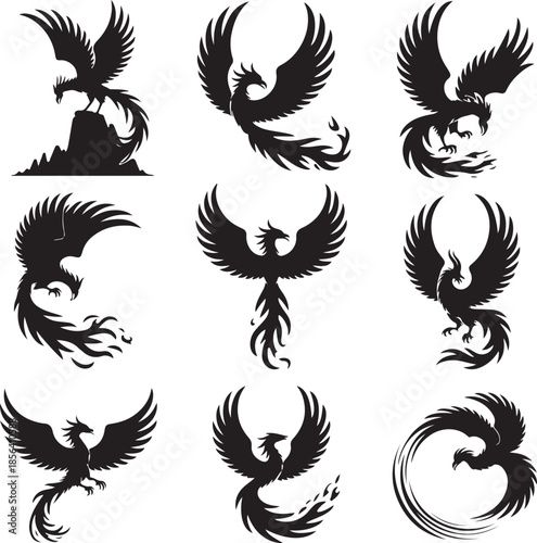 Nine stylized phoenix and dragon silhouettes in various poses