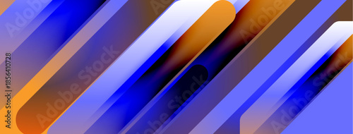 Abstract geometric shapes overlap, creating dynamic blue, orange gradients. Modern design, sleek lines suggest movement, depth.