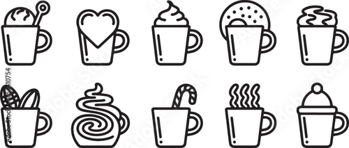 Collection of ten black and white vector icons of hot drinks and desserts in cups coffee