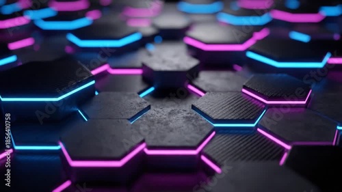 Futuristic Geometric Honeycomb Background with Glowing Neon Blue and Pink Lights