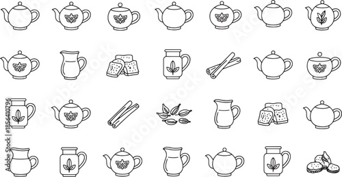 Collection of twenty chai themed vector icons with teapots pitchers cookies cinnamon sticks and cardamom