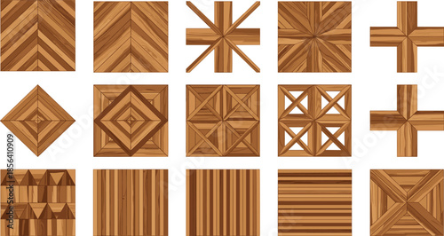 Wood parquet pattern set, geometric wooden floor tile designs, natural timber textures, decorative interior flooring elements, vector illustration
