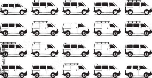 Collection of twenty white passenger van silhouettes with black windows and wheels minivan vehicle