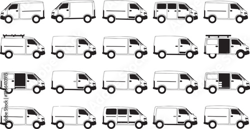 Collection of twenty minimalist black and white cargo van outlines delivery van transport