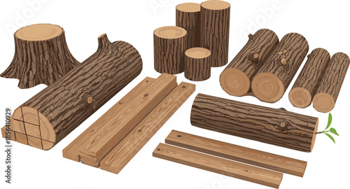 Wood logs and timber materials illustration set, tree trunks planks stumps collection, forestry lumber resources, natural wood design