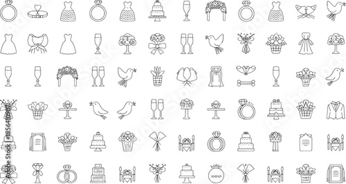 Collection of wedding themed vector icons including rings dresses cakes doves and flowers wedding icons